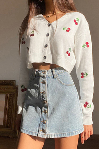 Cherry Embroidery Button-Front Cardigan