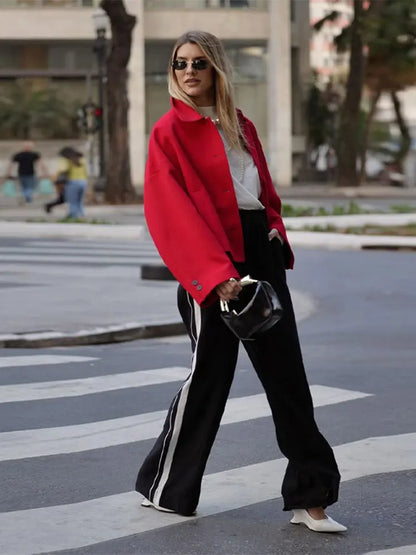 Chic Red Short Elegant Turn Down Collar Long Sleeve Coats