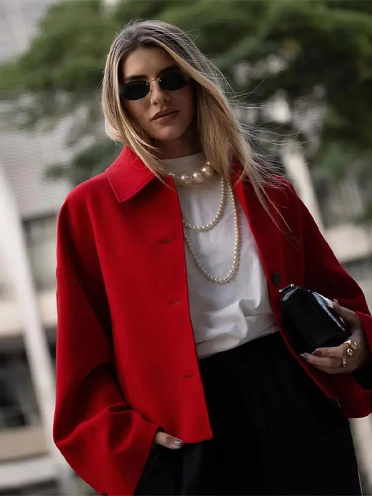 Chic Red Short Elegant Turn Down Collar Long Sleeve Coats