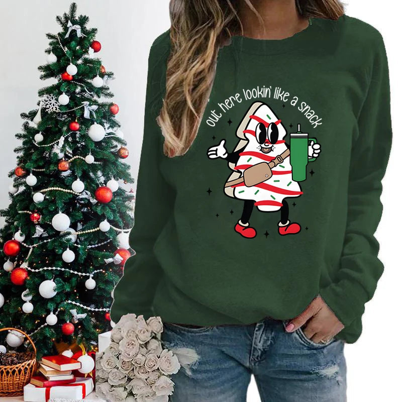 Snack Print Round Neck Christmas Hoodie - Casual Long Sleeve