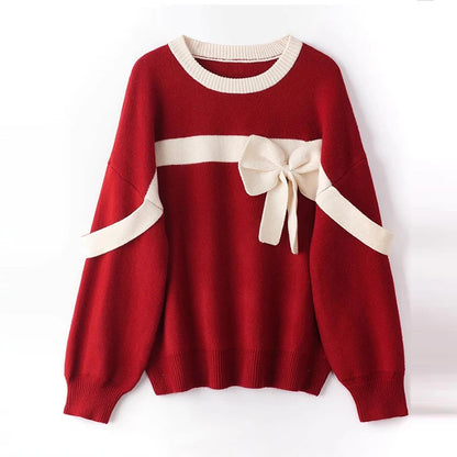 Red Bow Winter Patchwork Soft Long Sleeve Christmas Sweater