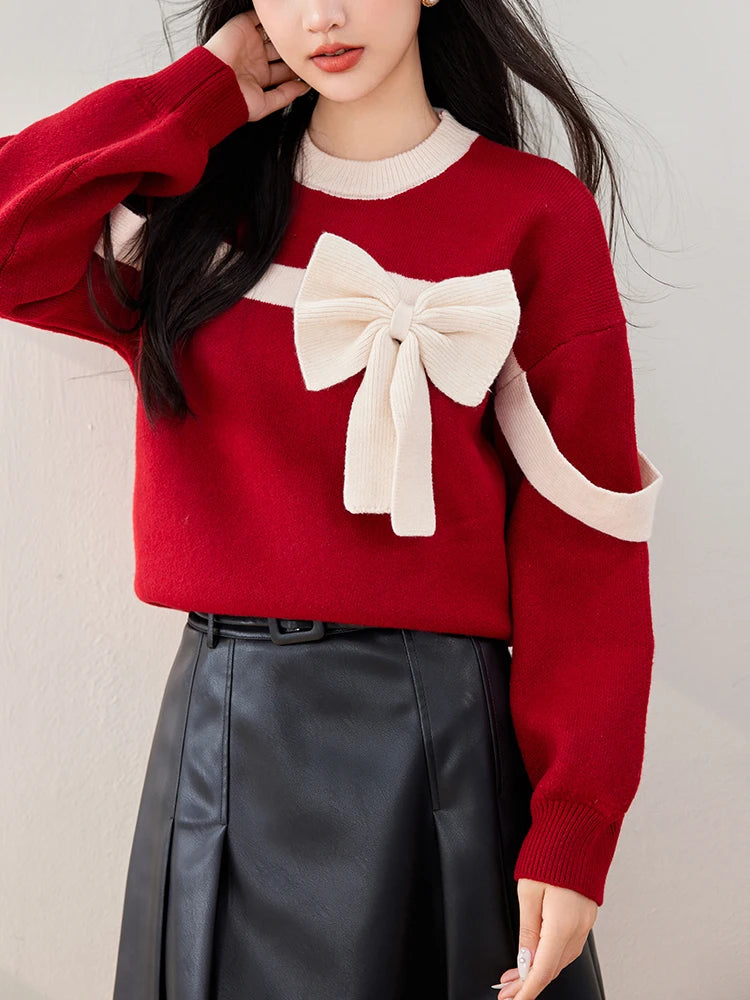 Red Bow Winter Patchwork Soft Long Sleeve Christmas Sweater