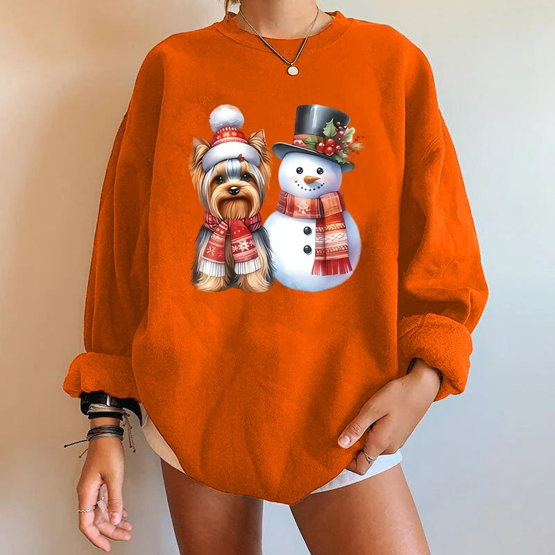 Y2K Snowman Dog Printed Christmas Hoodie