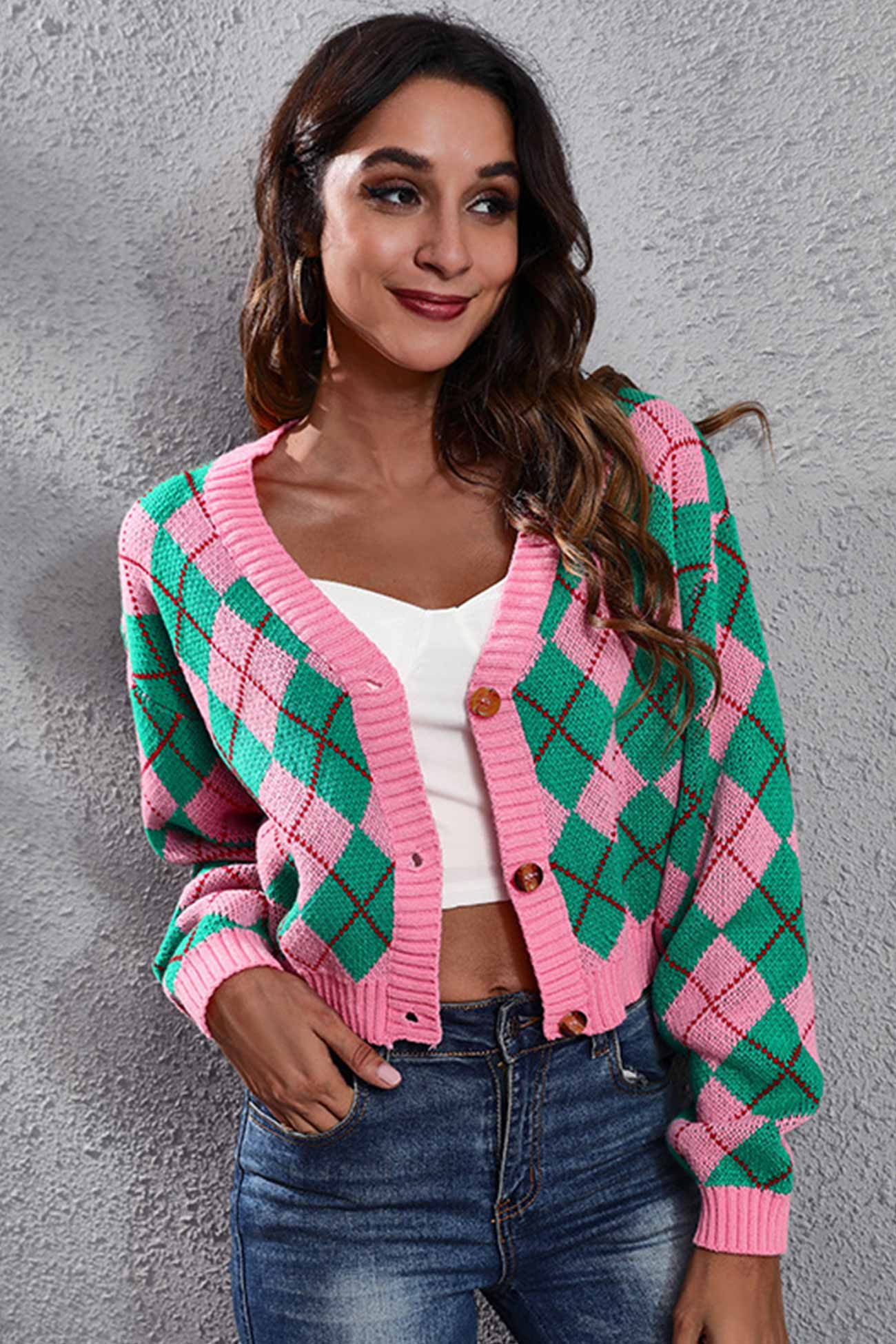 Color Patchwork Argyle Knitted Cardigan