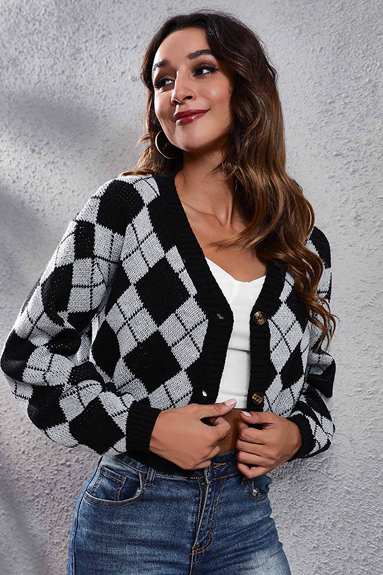 Color Patchwork Argyle Knitted Cardigan