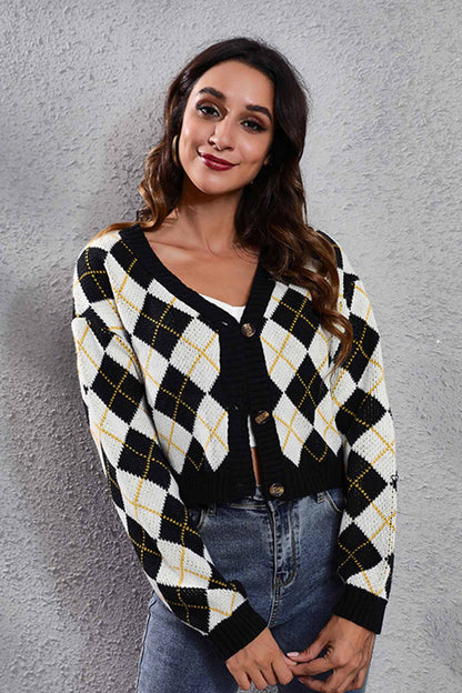 Color Patchwork Argyle Knitted Cardigan