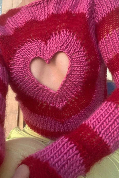 Contrast Color Heart Pattern Cut-out Sweater