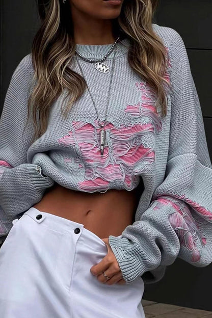 Contrast Distressed Pullover Sweater