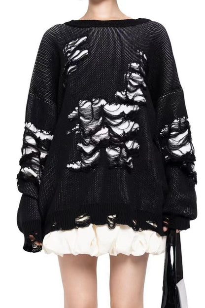 Contrast Distressed Pullover Sweater