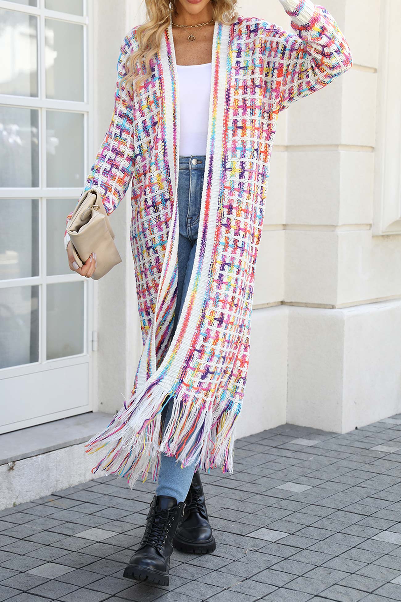 Contrast Fringe Hem Open Front Long Cardigan