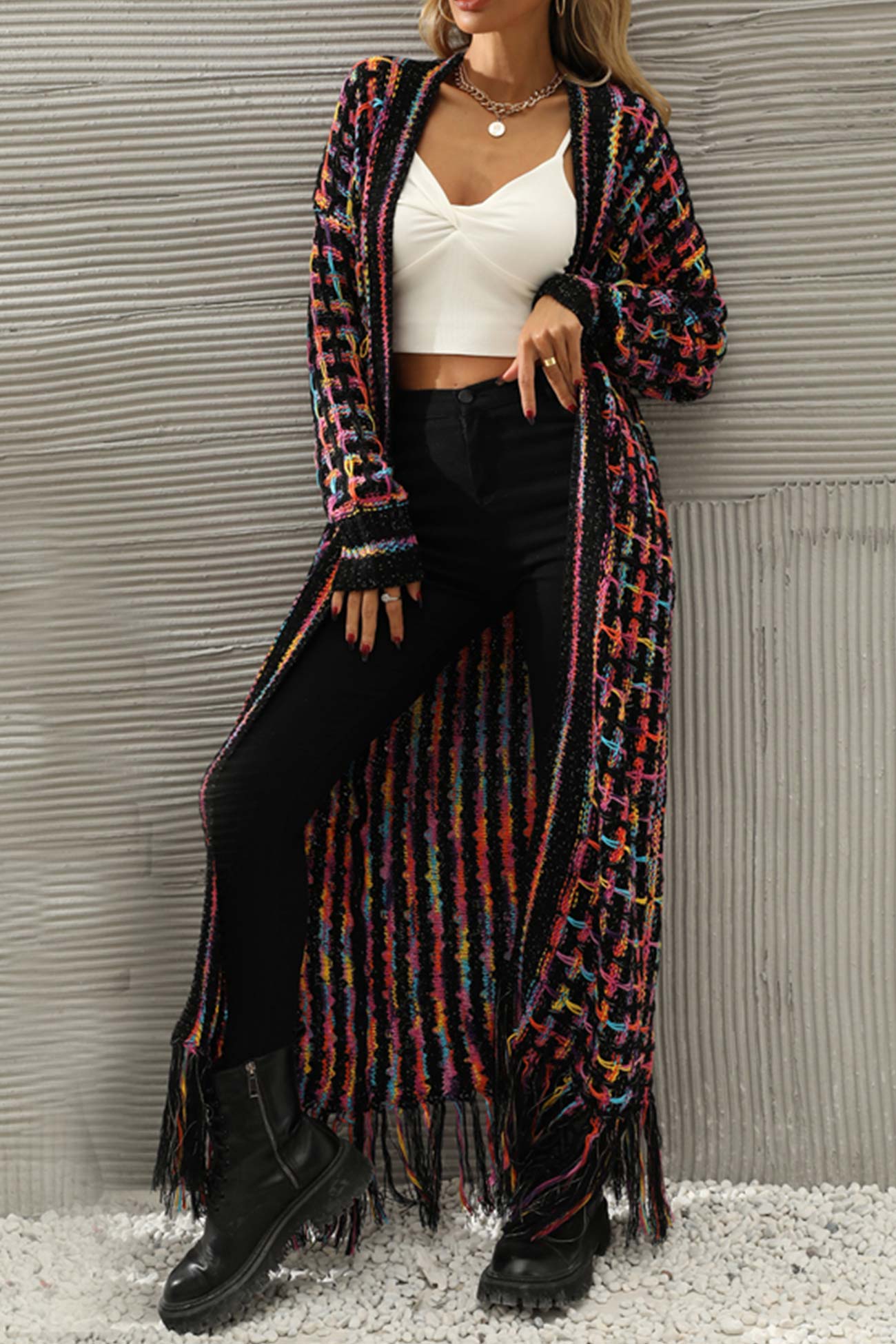 Contrast Fringe Hem Open Front Long Cardigan