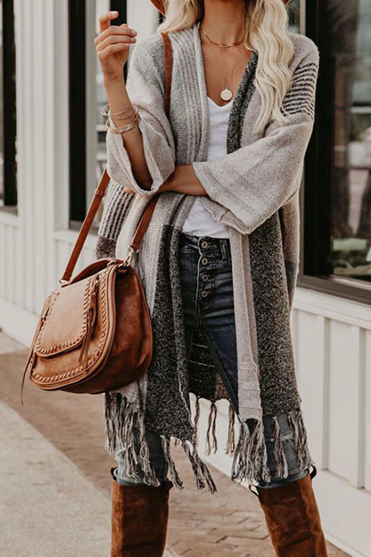 Contrast Fringe Hem Shawl Cardigan