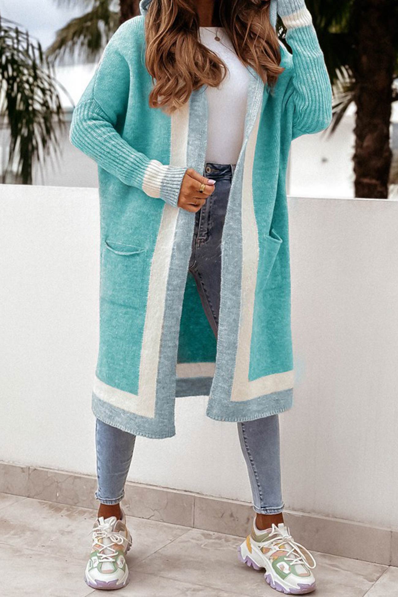 Contrast Hoodie Open Front Long Cardigan