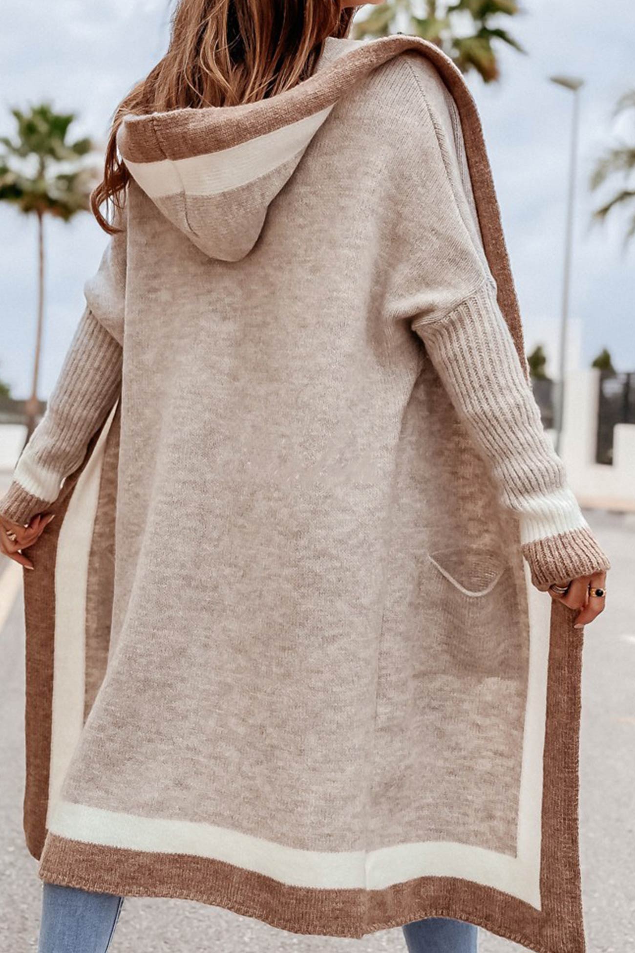 Contrast Hoodie Open Front Long Cardigan