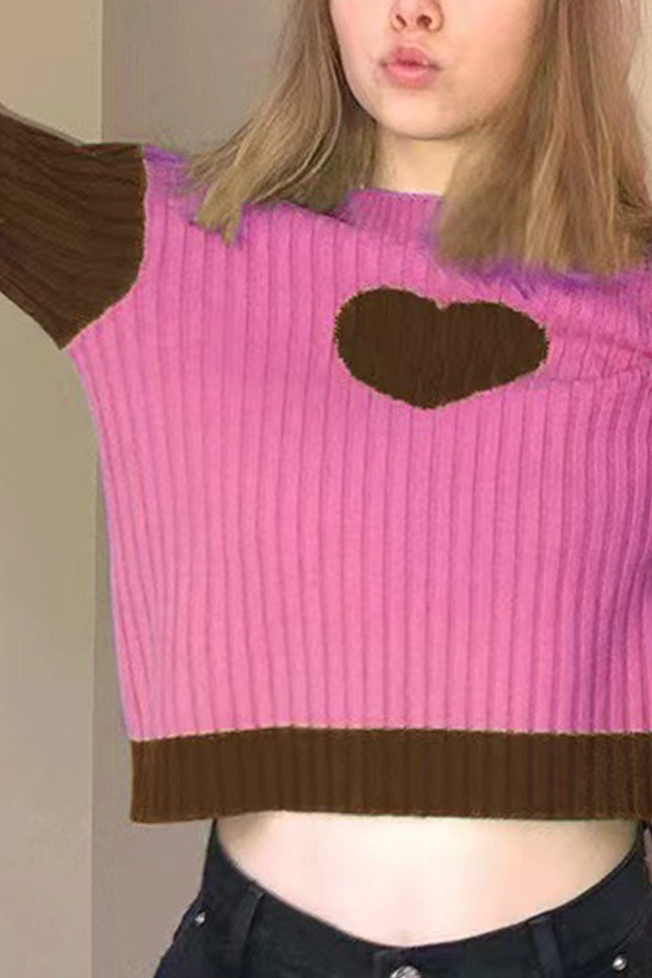 Contrast Mock Neck Heart Graphic Ribbed Knit Tops