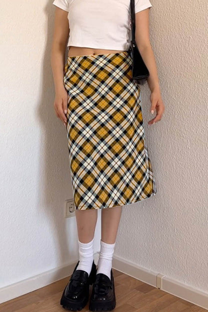 Contrast Plaid High waist Midi Skirt