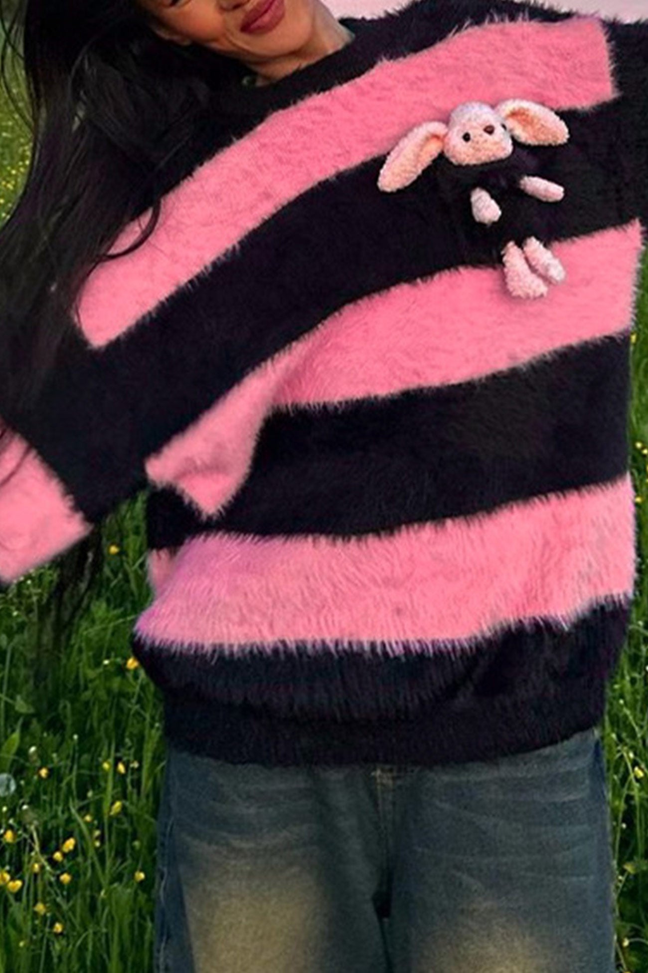 Contrast Pullover Rabbit Plush Doll Sweater