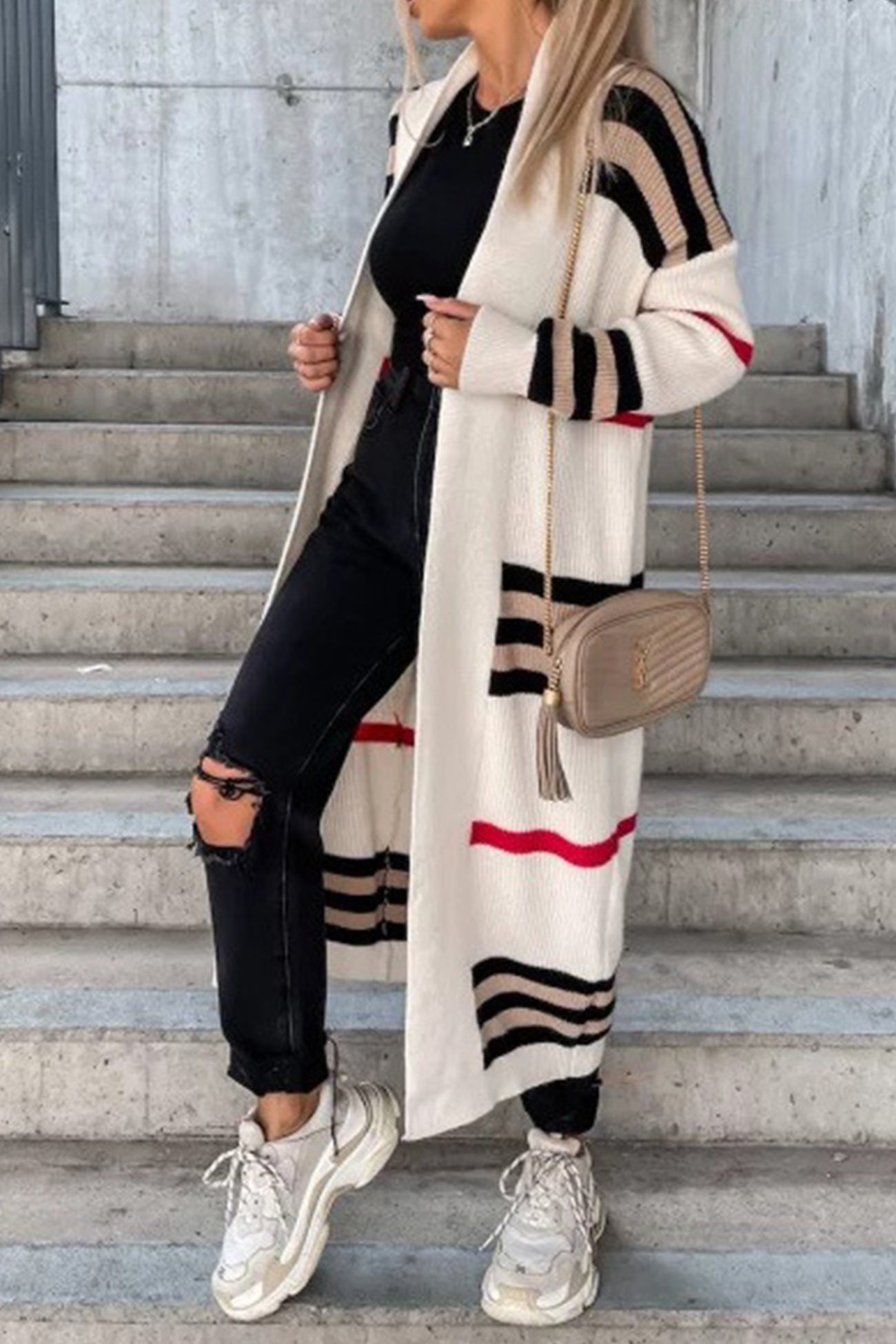 Contrast Striped Open Front Cardigan