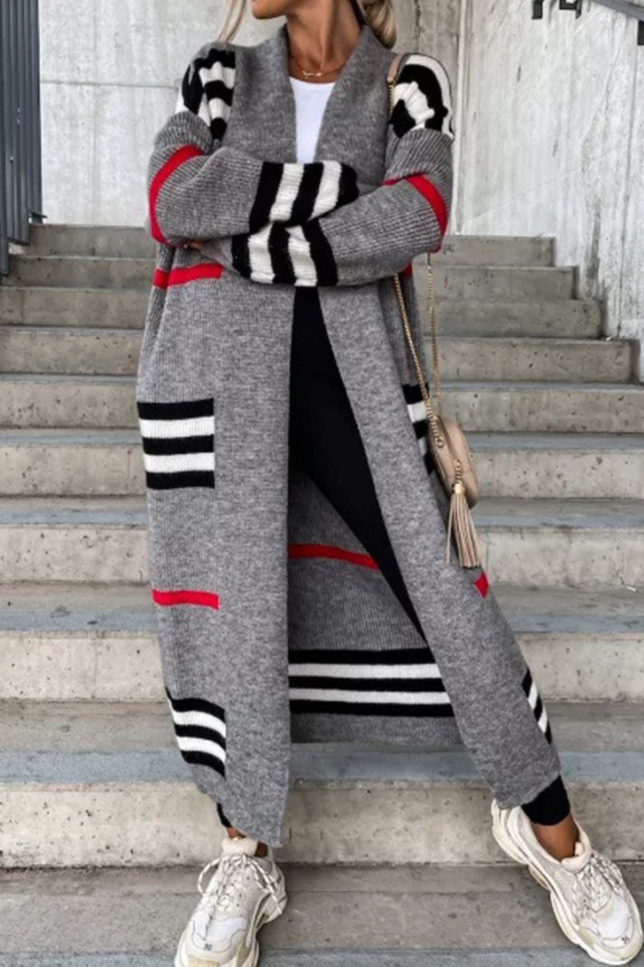 Contrast Striped Open Front Cardigan