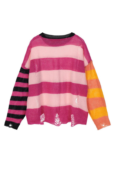 Contrast Striped Patchwork Distressed Sweater