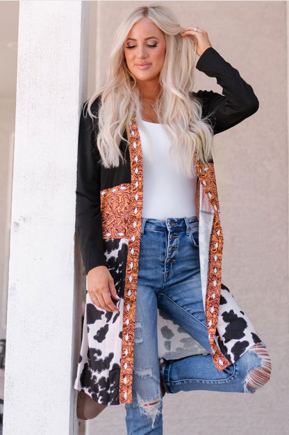 Cow Print Patchwork Open Front Cardigan