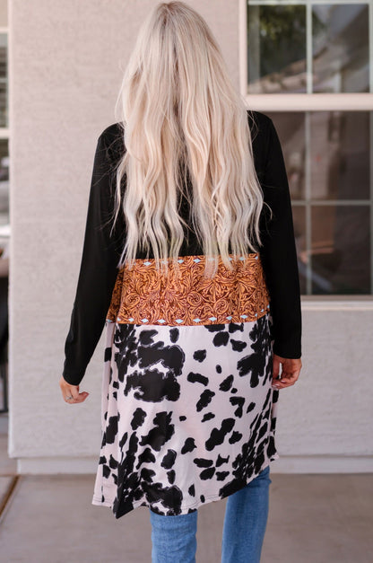 Cow Print Patchwork Open Front Cardigan