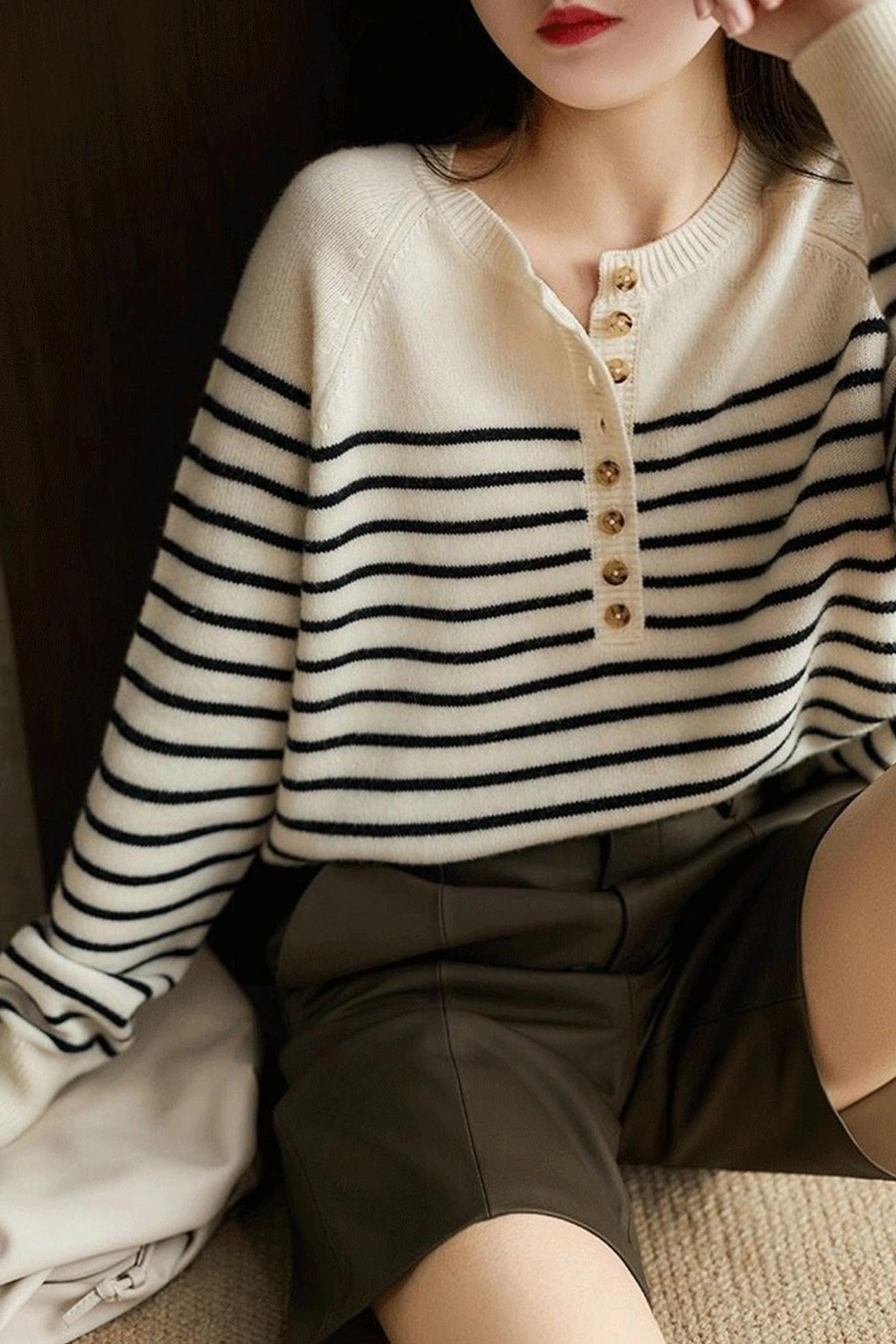 Crew Neck Button-Front Striped Sweater