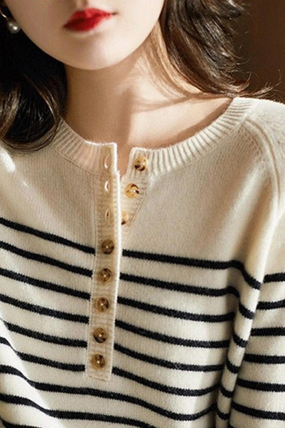 Crew Neck Button-Front Striped Sweater