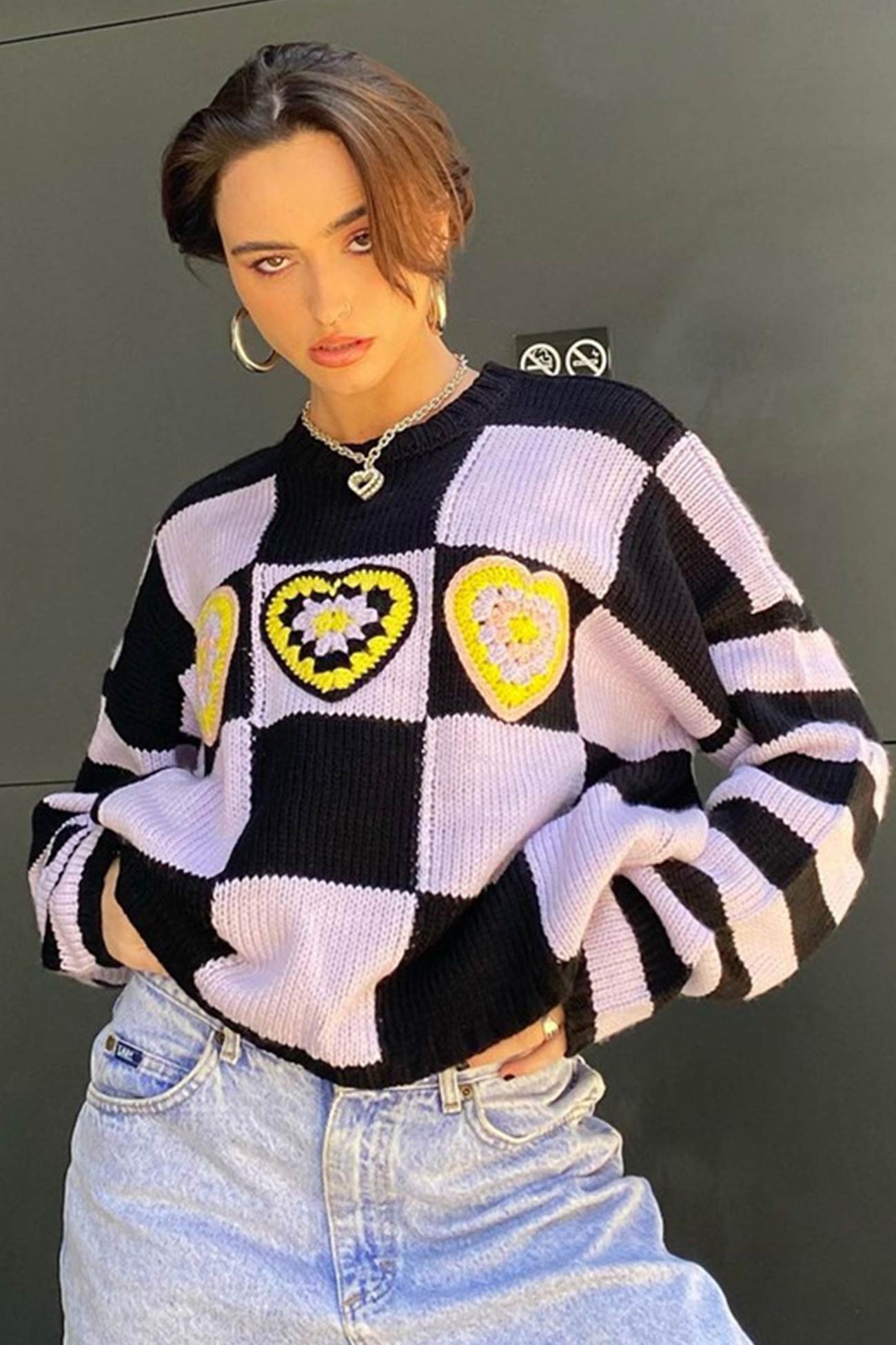 Crew Neck Checker Crochet Sweater