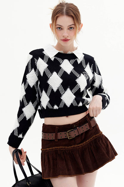 Crew Neck Plaid Patchwork Sweater