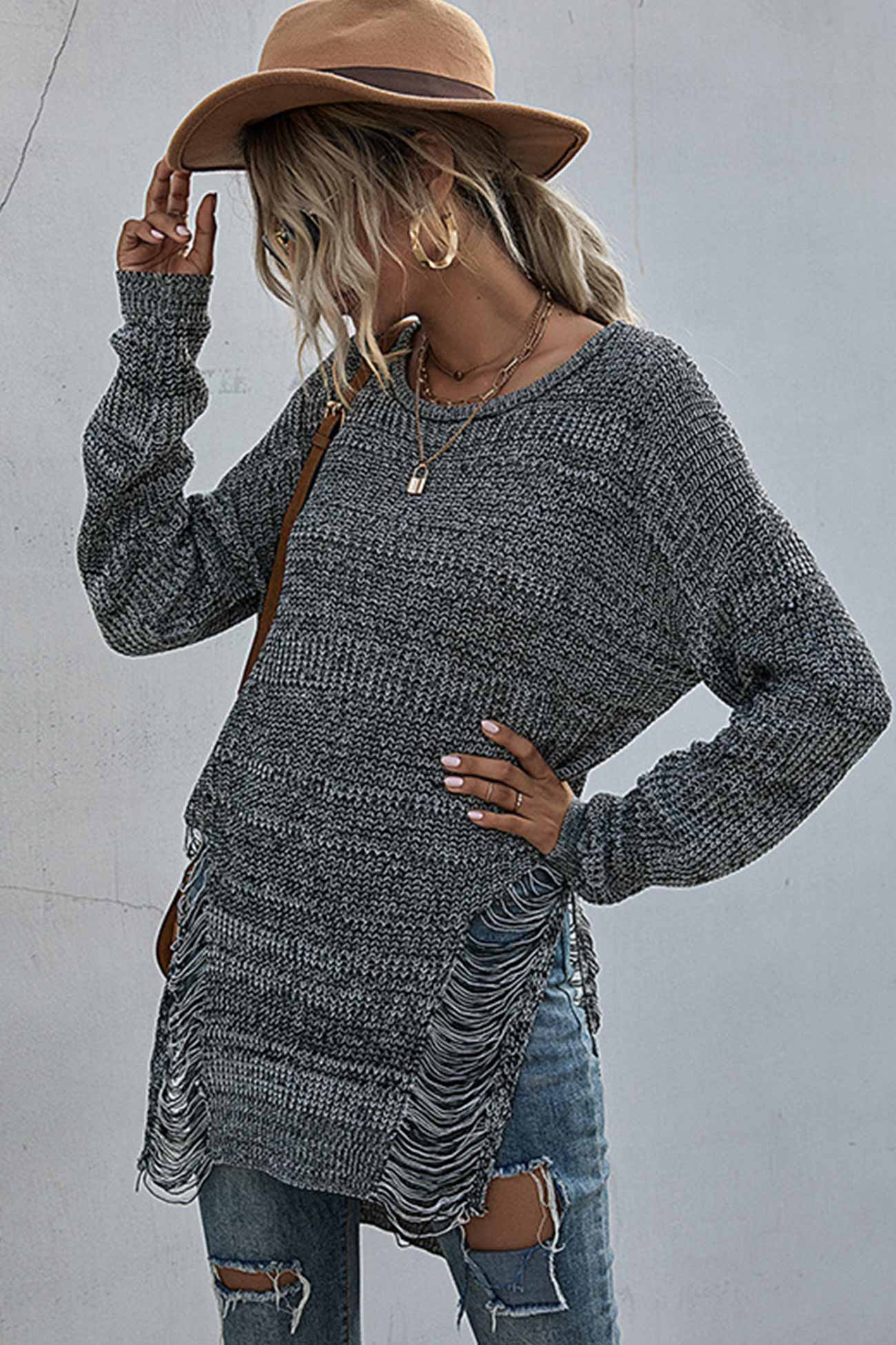 Crew Neck Split Hollow Out Tassel Sweater