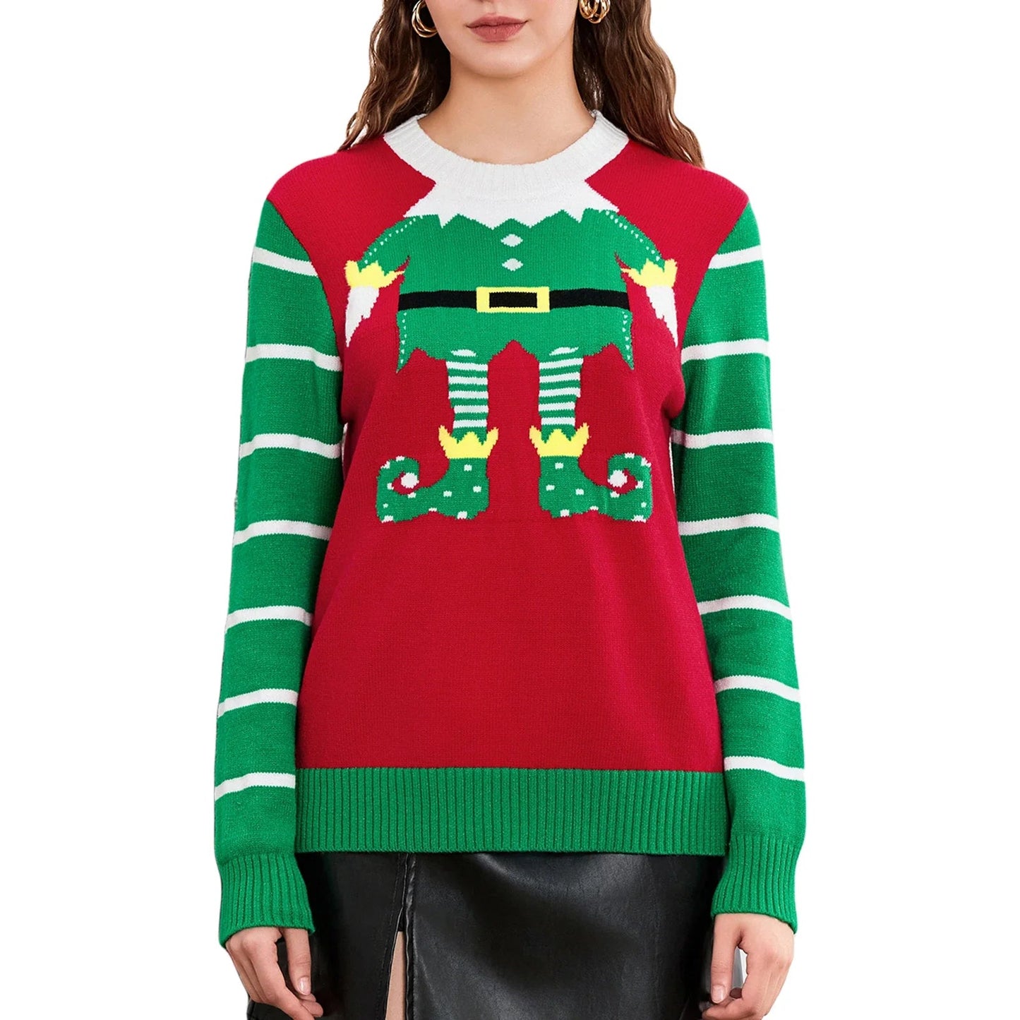 Elf Legs Print Crew Neck Christmas Sweater