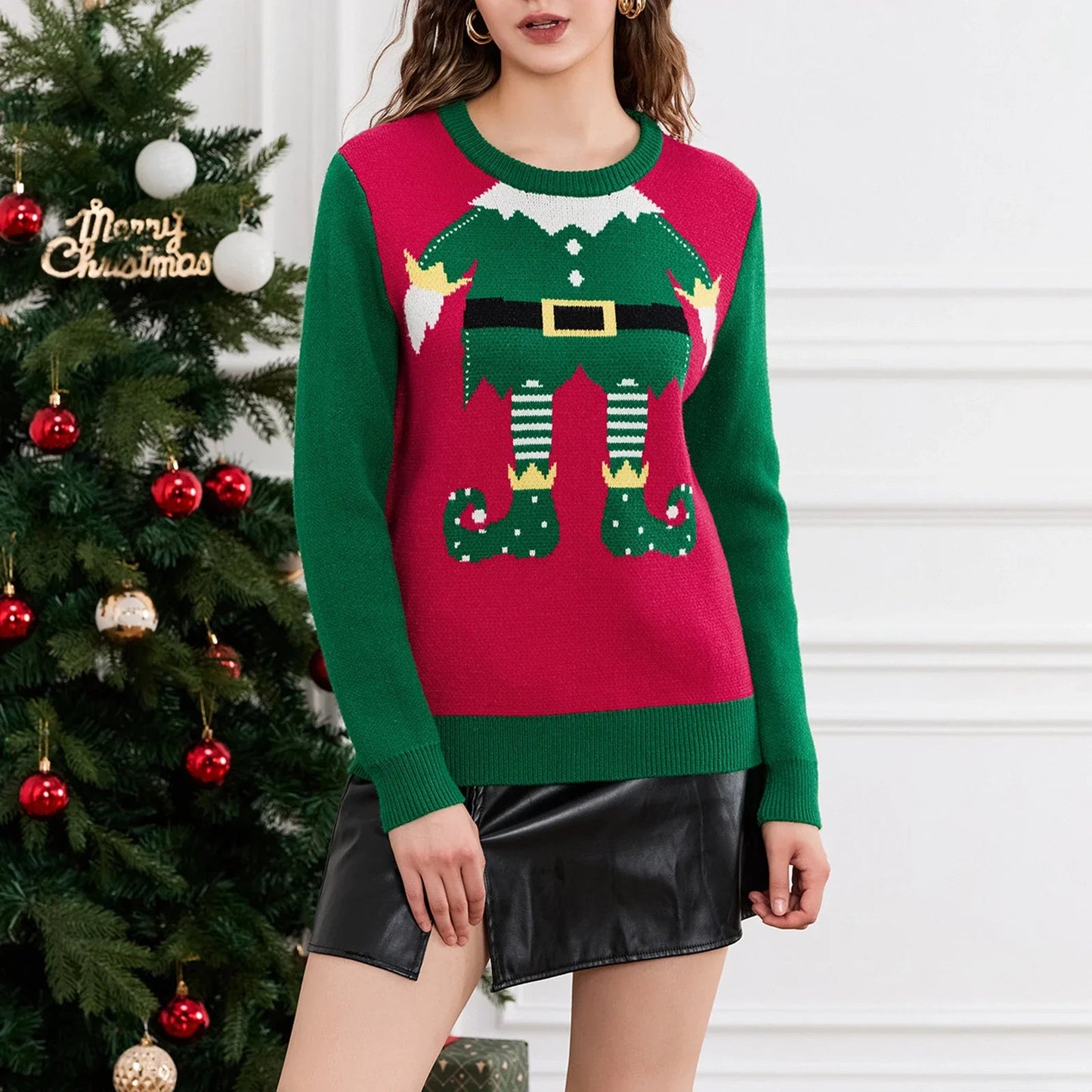 Elf Legs Print Crew Neck Christmas Sweater