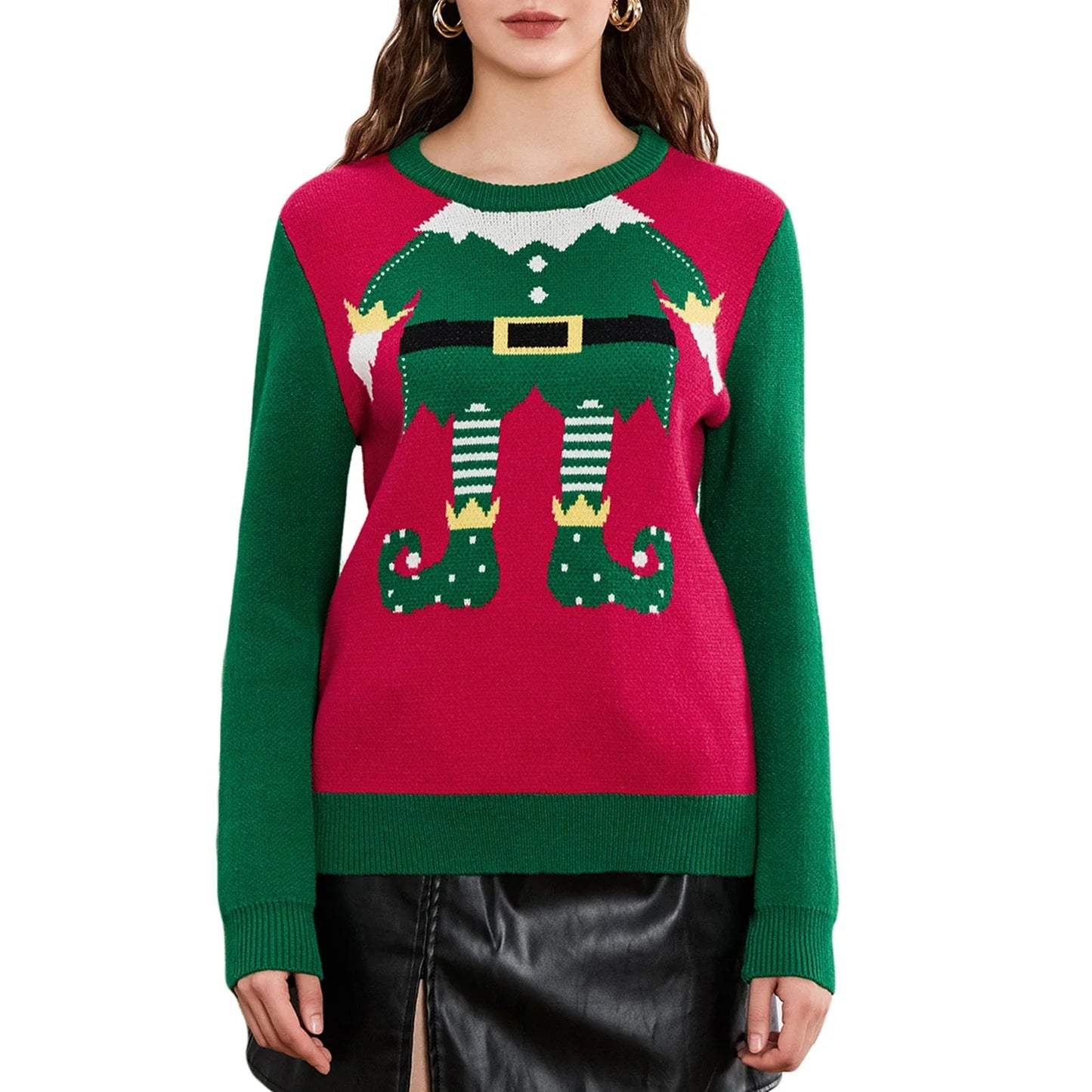 Elf Legs Print Crew Neck Christmas Sweater