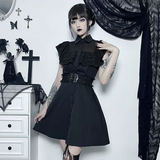 Gothic Ruffled Mesh Splicing A-Line Black Dress