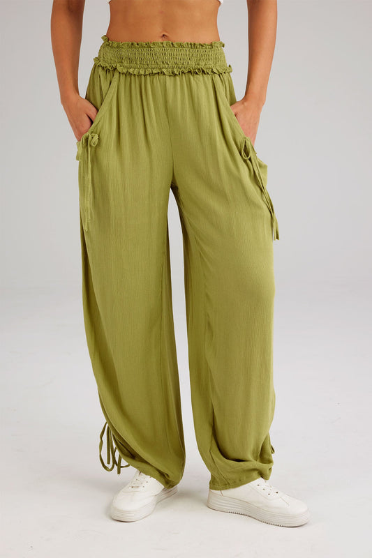 Drawstring Shirred Waist Wide Leg Trousers