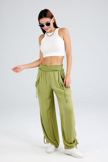 Drawstring Shirred Waist Wide Leg Trousers