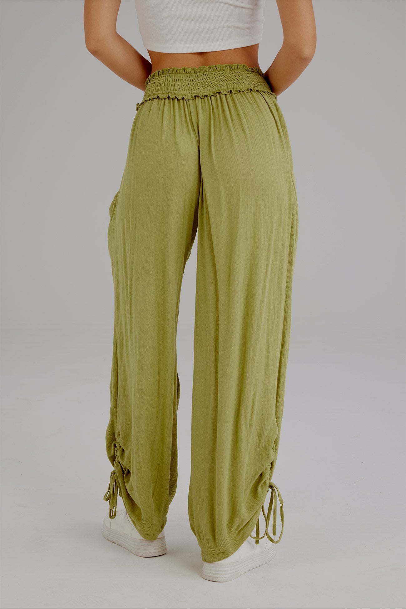 Drawstring Shirred Waist Wide Leg Trousers