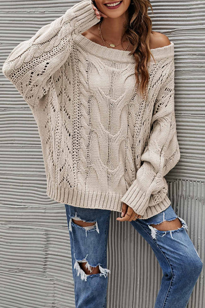 Drop Shoulder Hollow Out Cable Knit Sweater