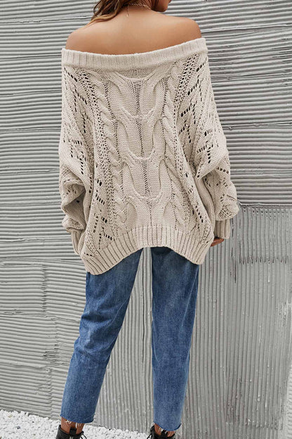 Drop Shoulder Hollow Out Cable Knit Sweater