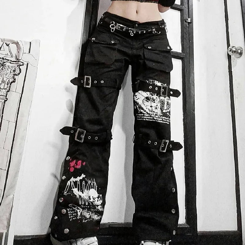 Gothic Black Low Waist Cargo Capri Pant