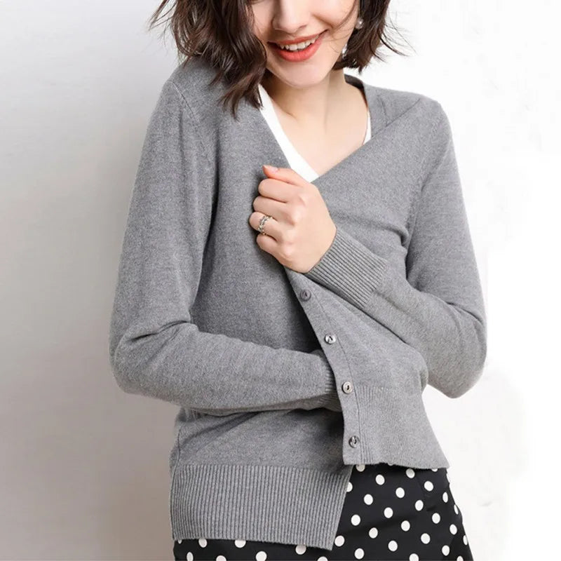 Elegant Thin Comfortable Cozy Stylish Solid Color V-Neck Long Sleeve Knitted Sweater