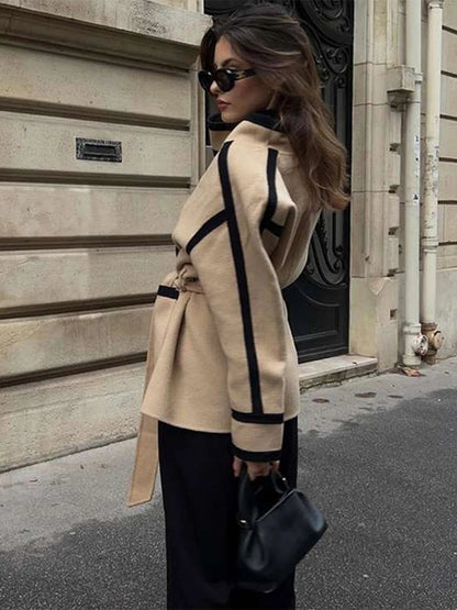 Elegant Contrast Woolen Belts Long Sleeve Pockets Casual Coats