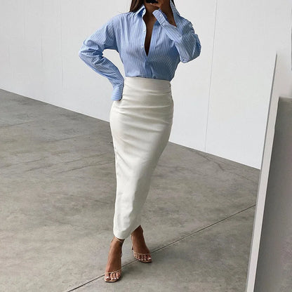 Elegant Ruched PU Leather High Waist Midi Skirt