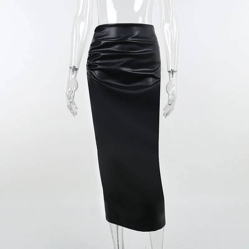 Elegant Ruched PU Leather Slim High Waist Skirt