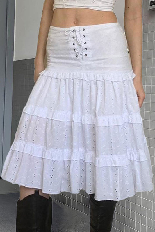 Eyelet Strap A-Line Tiered Long Skirt