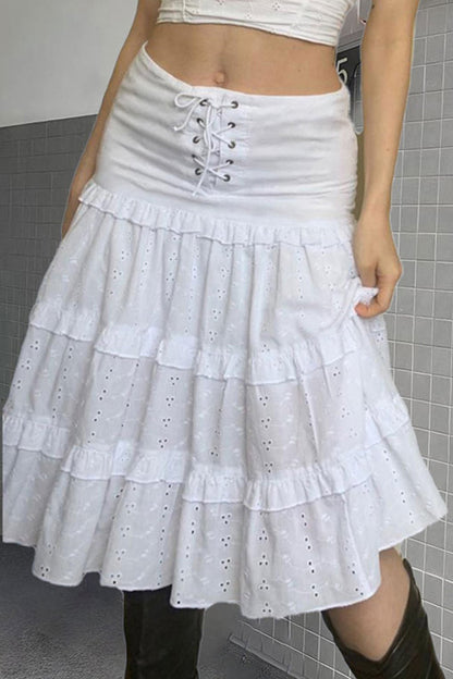 Eyelet Strap A-Line Tiered Long Skirt