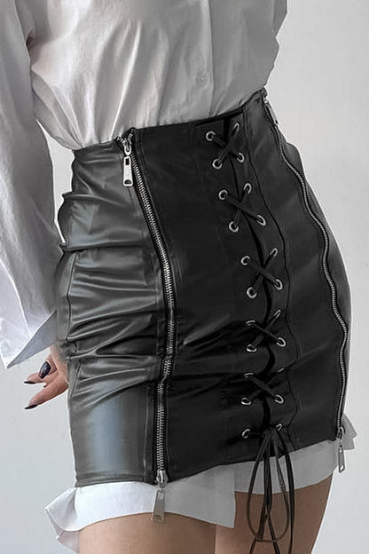 Eyelet Strap Pack Hip Leather Skirt
