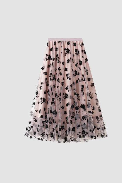 Floral Patched Mesh Skirt
