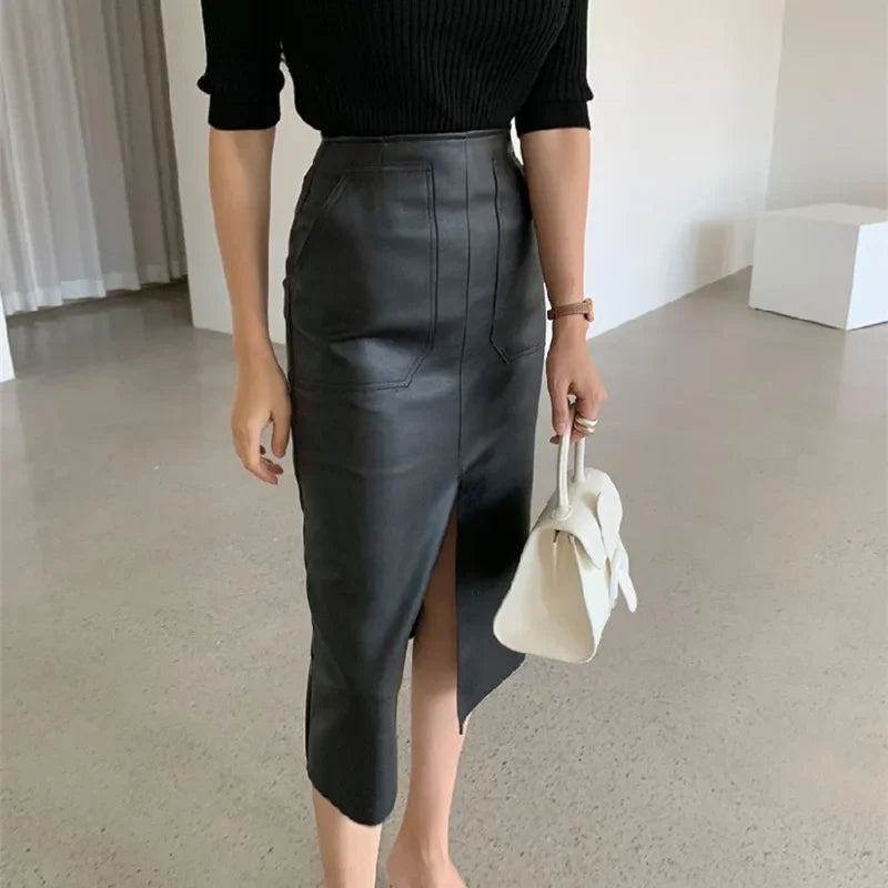 Fashion Slim Long Faux Leather Hip Skirt